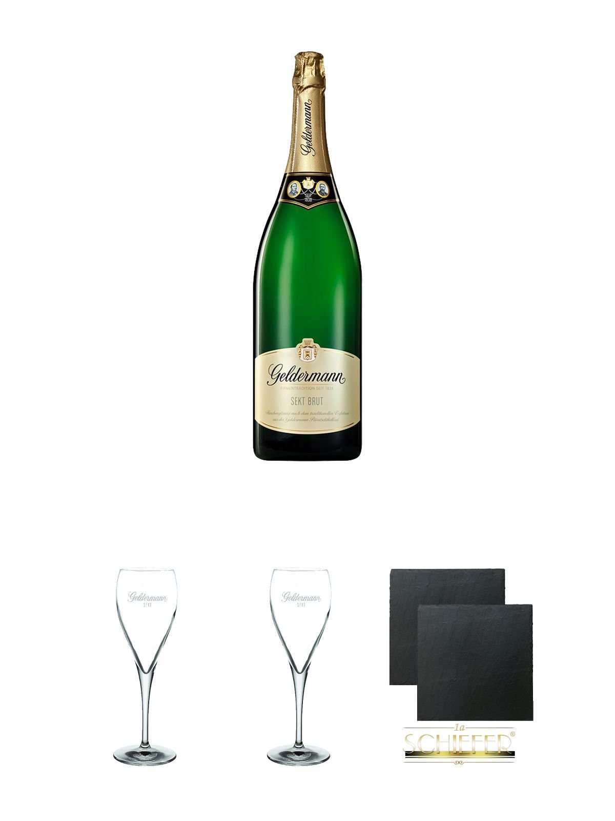 Geldermann - Grand Brut - Flaschengärung - Trocken - Deutschland 3,0 Liter + Geldermann Gläser 1 Stück + Geldermann Gläser 1 Stück + Schiefer Glasuntersetzer eckig ca. 9,5 cm Ø 2 Stück