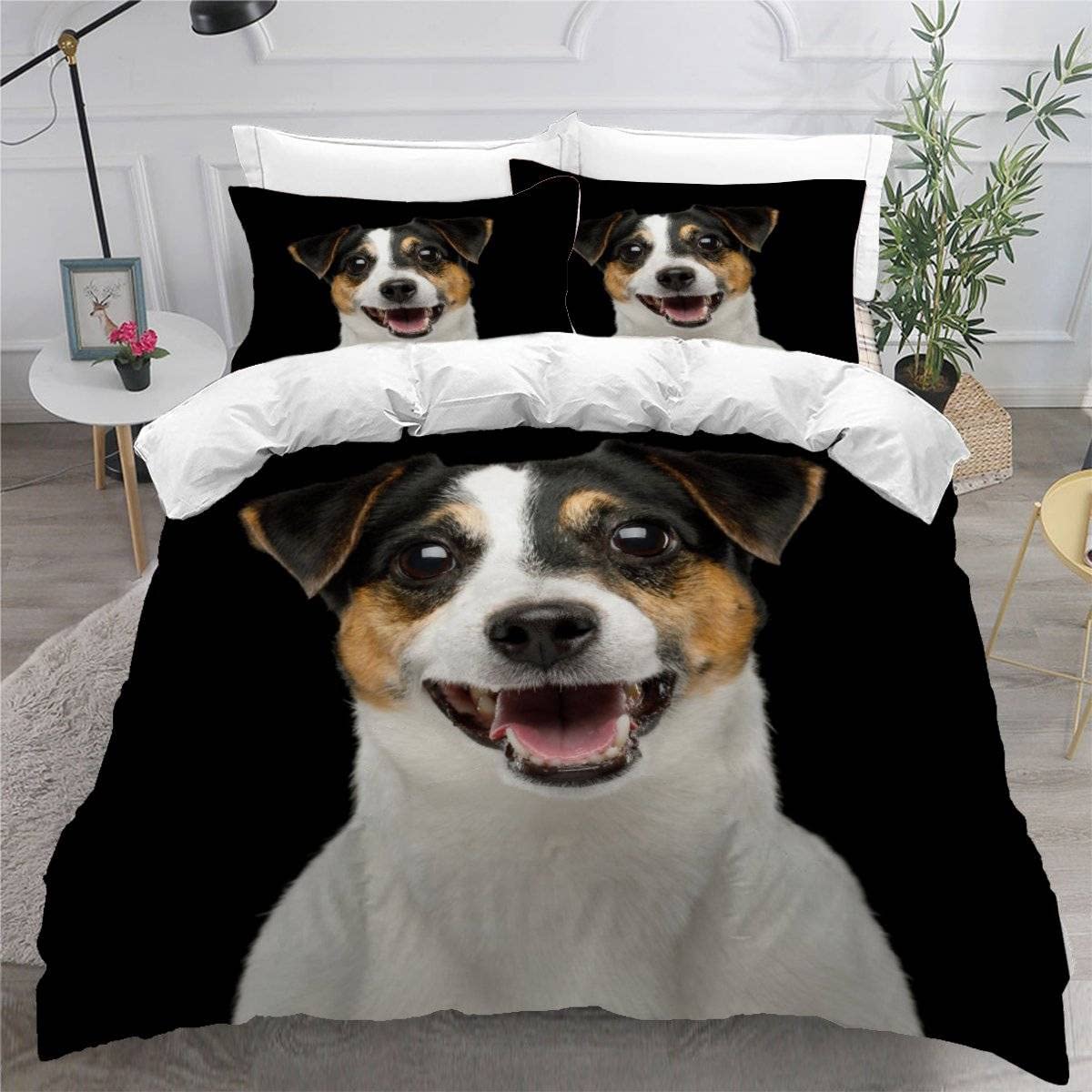 MEVASA Jack Russell Terrier Dog Bedding Double Bed Set Microfiber Teenager Bedding Dog Black 3D Bedding Set for Small Double 3Pcs Anti Allergic Double Duvet Cover Set with Zipper /200x200 cm