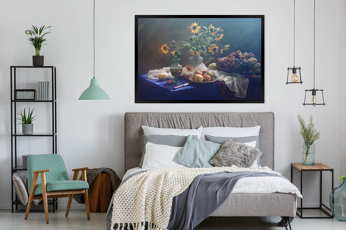 Poster Bilder Wanddeko Deko Wohnzimmer 120x80 cm Stilleben - Weintrauben - Sonnenblumen - Obst - Kunst - Malerei