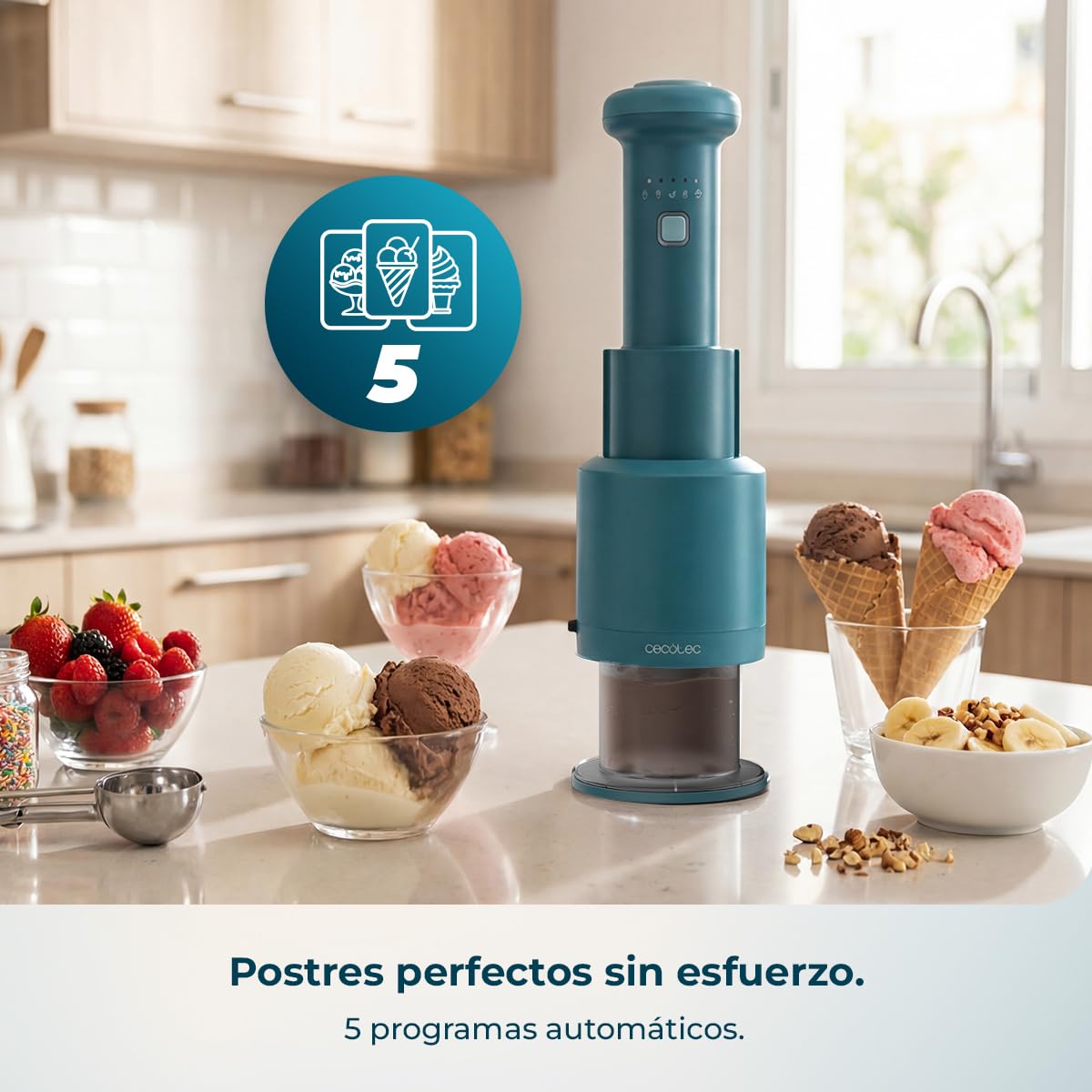 Cecotec Máquina de Helados - Heladera de Mano - Gelatec Easymove. 250W, 5 Programas, Mezcla Vertical Cremosa, Helados, Sorbetes y Bebidas en 3 Pasos, 3 Tarrinas 260ml, Cuchilla Separable