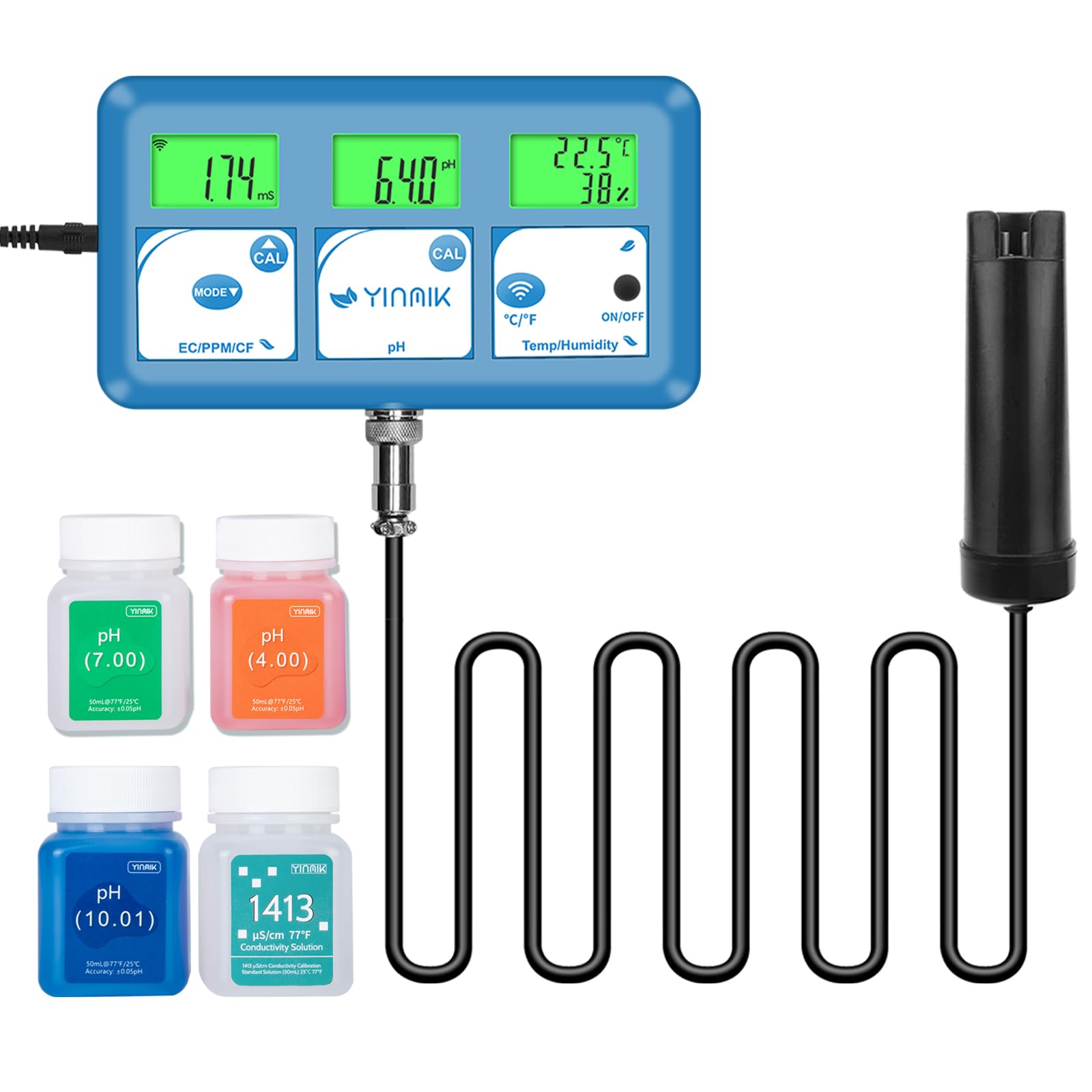 YINMIK EC pH Messgerät Grow, Digital pH EC Monitor for Hydroponics 6-in-1 Wasserqualitätstester mit Temperatur und Luftfeuchtigkeit, Digitales Multifunktions-Messgerät mit Kalibrierlösungen