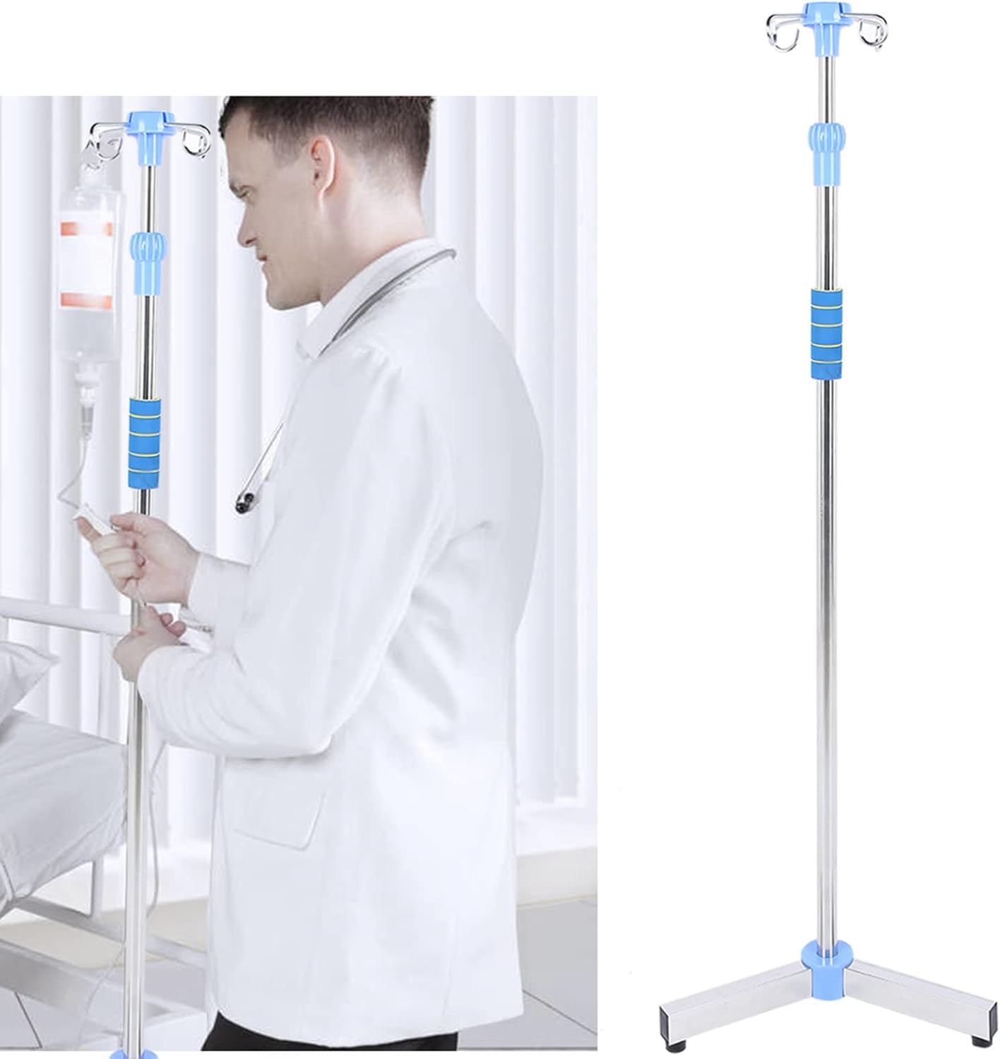 Supporto per Asta Portaflebo, Supporto Portatile Pieghevole per Sacche per Fluidi Flebo con 4 Ganci E 3 Ruote, Supporto per Sacche Flebo in Acciaio Inox Regolabile in Altezza per Ospedali,