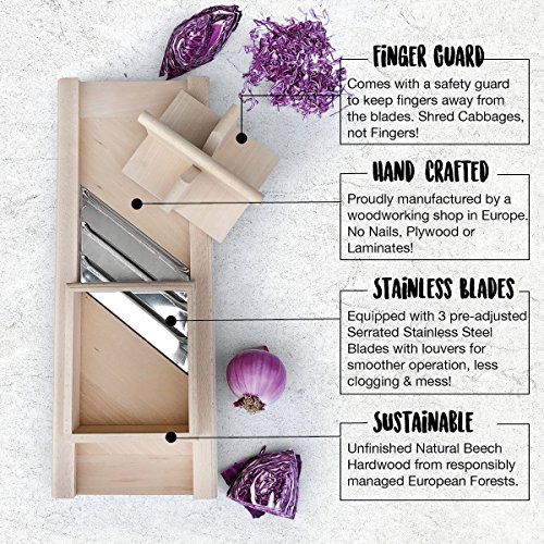 Raw Rutes -Traditional Wooden Cabbage Shredder Slicer with Hand Guard for Finely Cut Sauerkraut and Coleslaw - Heirloom Quality - Made in Europe!
