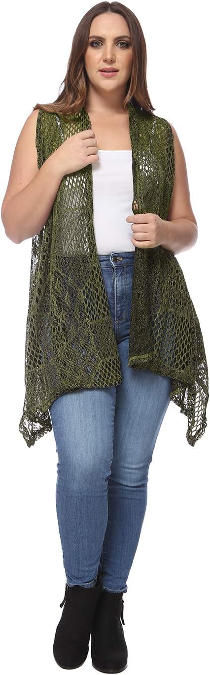 Anna-Kaci Women's Plus Size Bohemian Draped Open Front Crochet Bikini Cover Up Cardigan Vest