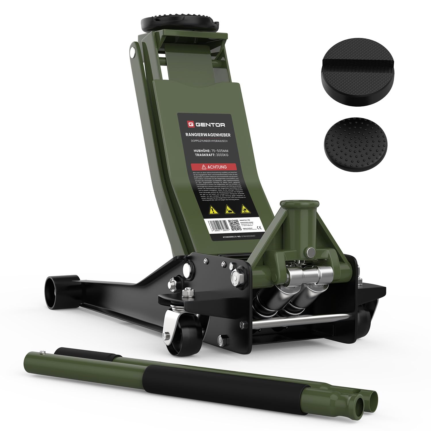 Gato hidráulico 3T de Perfil bajo 75-505mm con Doble Almohadilla de Goma – Elevador Profesional para Coche con Ruedas 360° – Verde Oliva