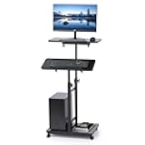 Mobile Laptop Stand Desk, Standing or Sitting Rolling Computer Cart with Tower Stand, Adjustable Height 27.5