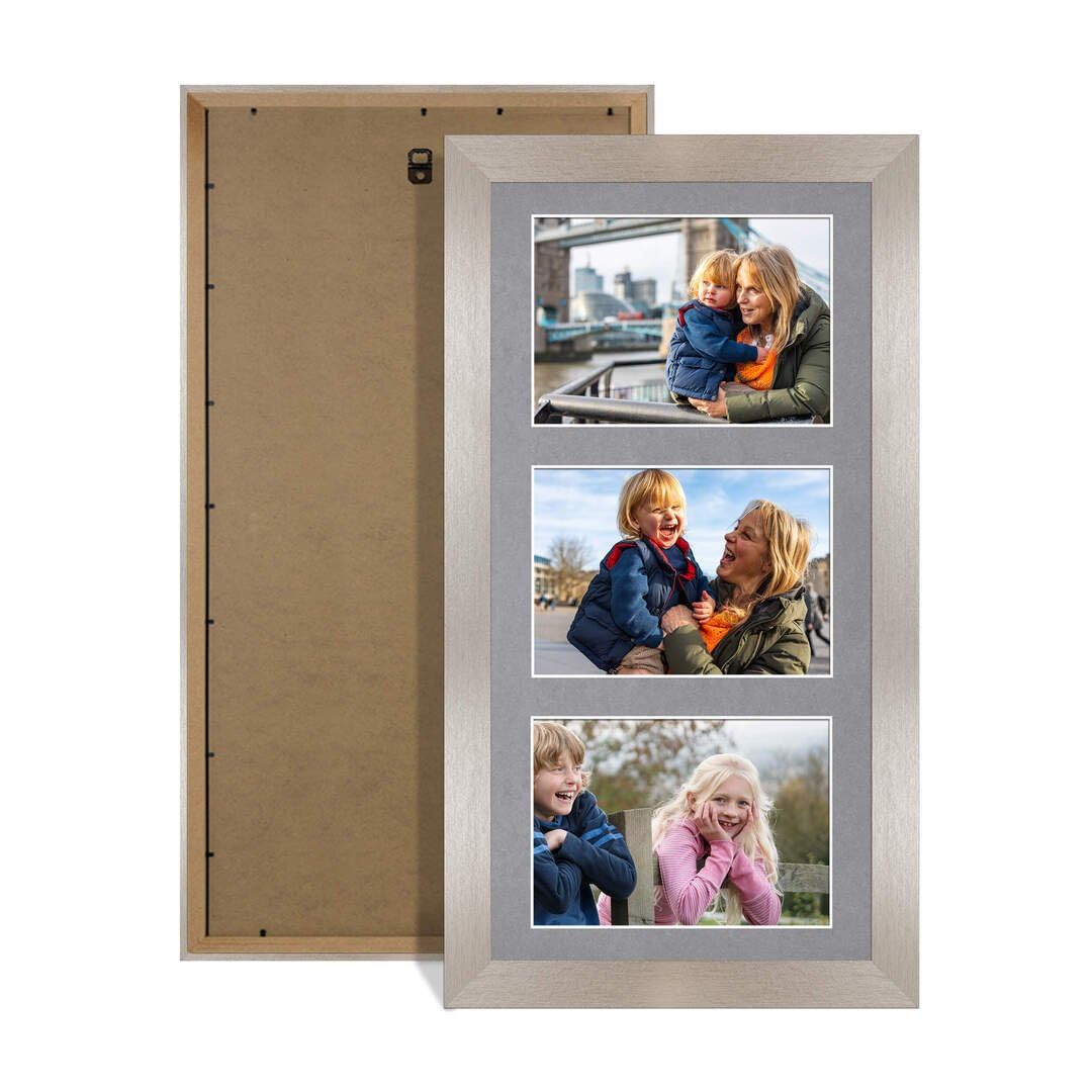 Procut Global 40X20CM Aluminum Photo Frames For Multiple Pictures with Mid Grey Mount-Modern Collage Frame with 3 Apertures (3x) 6X4-Engineered Wood with Shatterproof Perspex