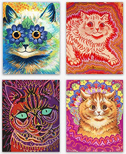 Peintures de chat rétro Louis Wain Wallbuddy - Lot de 4 décos murales vintage 30x40cm