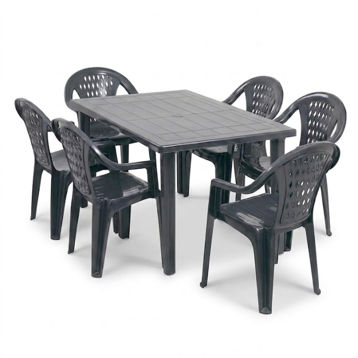 Tomaino - Mesa y sillas de jardín de plástico -Set Marshall 4 o 6 plazas – Mesa rectangular - Sillas apilables con reposabrazos para exterior de polipropileno - Terraza, balcón, bar (6, antracita)