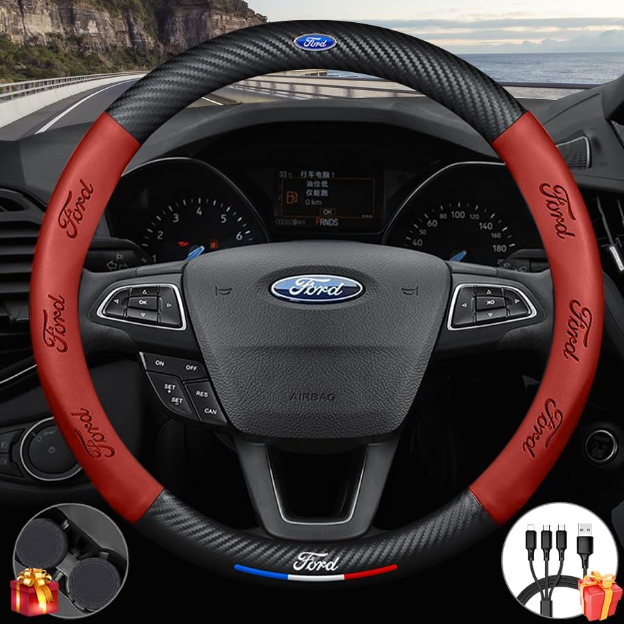 Customized Steering Wheel Cover Compatible with Ford, Nappa Leather & Carbon Fiber Design, Includes 2 Non-Slip Coasters and USB Fast Charging Cable (Red)