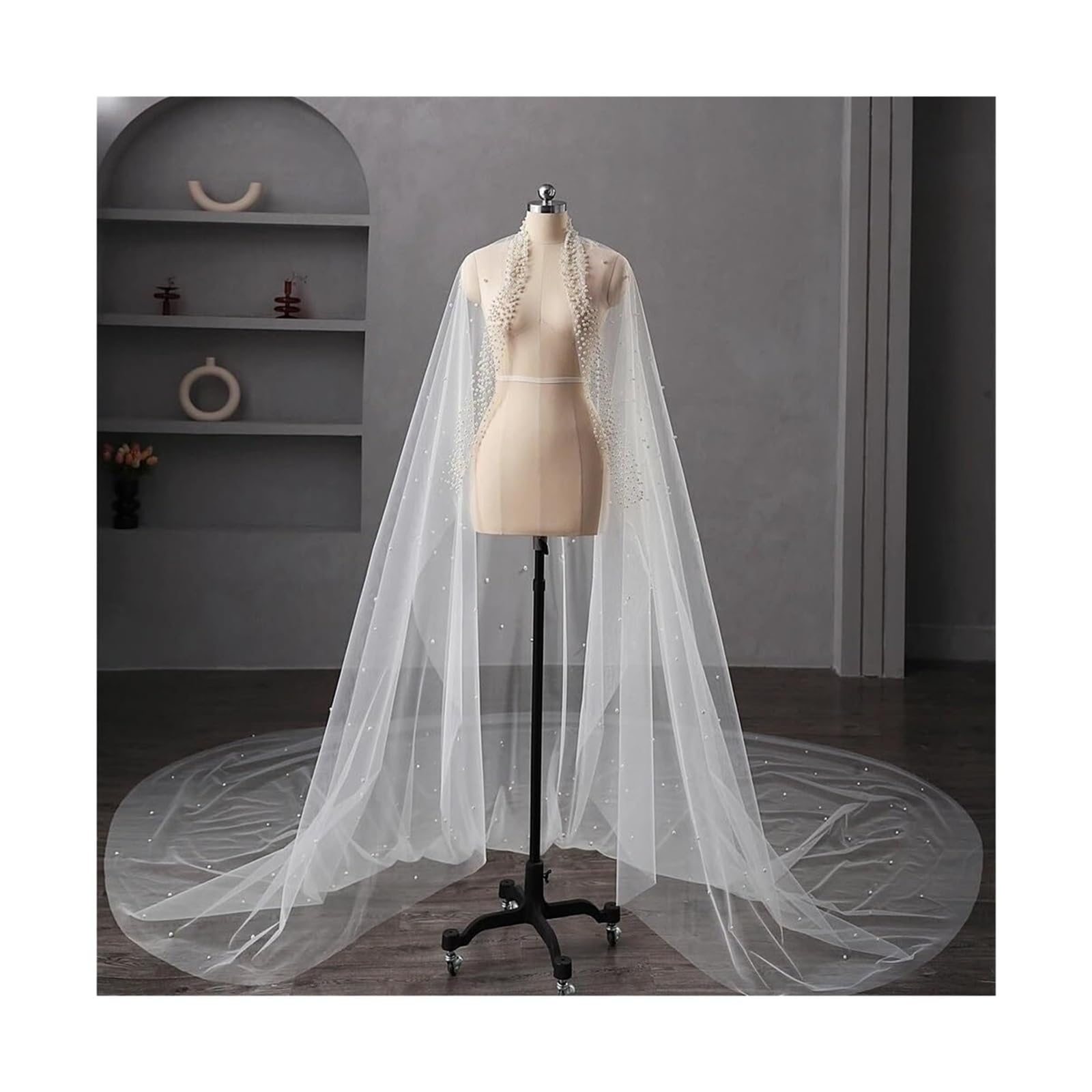 Velos de novia 300 cm 1 capa de perlas velo de novia catedral Mantilla tul detalles de cristal Multicolor(Ivory)