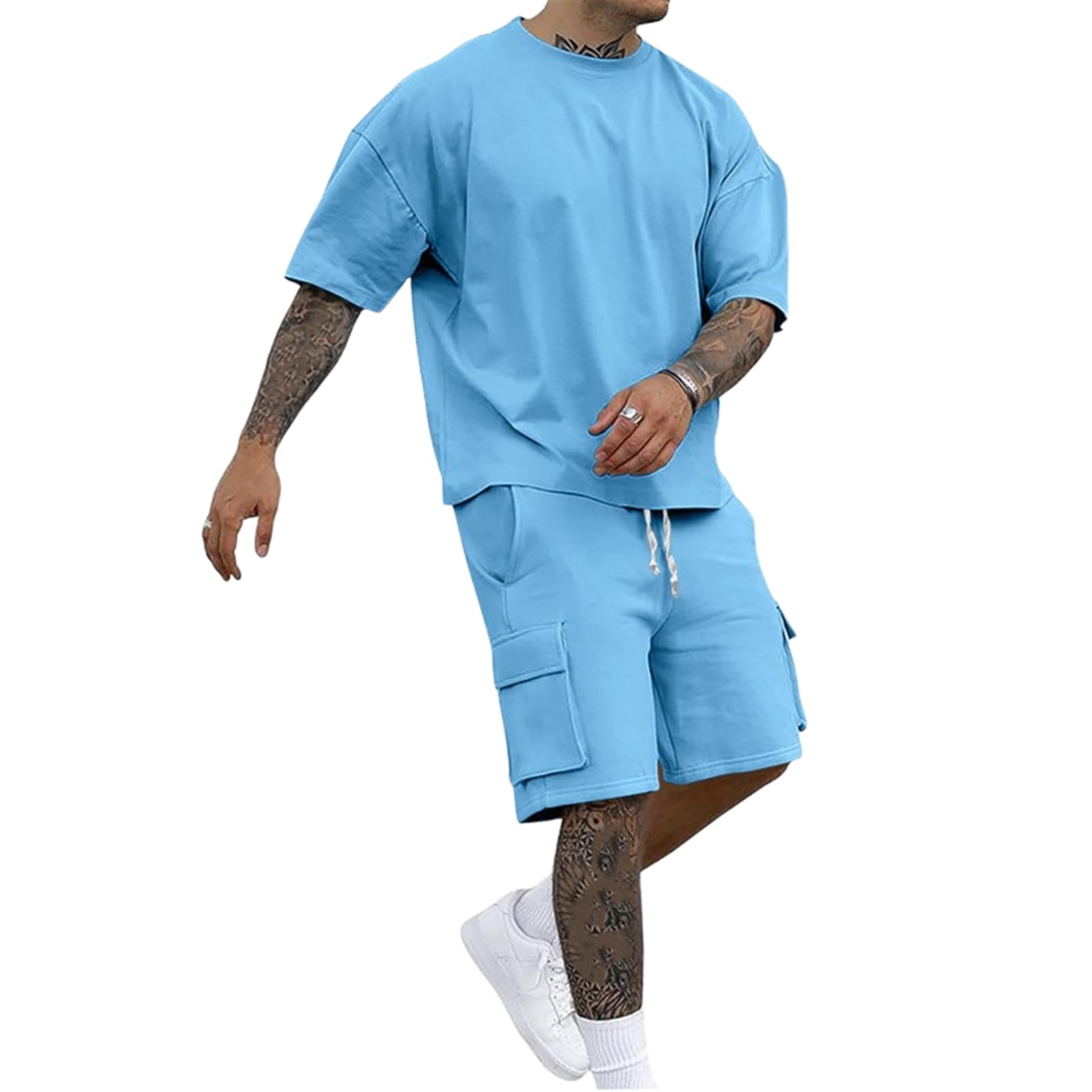 Men's Summer Thin Loose Casual Athletic American T-Shirt Short Sleeve Shorts 2 Piece Outfit