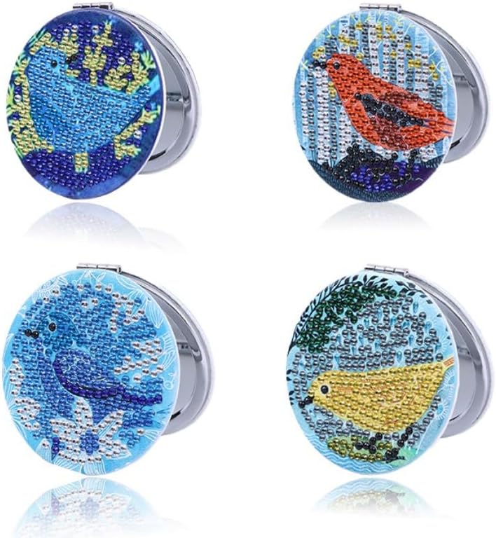4 Pack Diamond Painting Birds Full Round Drill Compact Mirror Mini Make-up Mirror Portable Folding Double-Sided 1X/10X Magnification, Pocket Ultra Portable for Purses and Travel ,Handbag,Gift