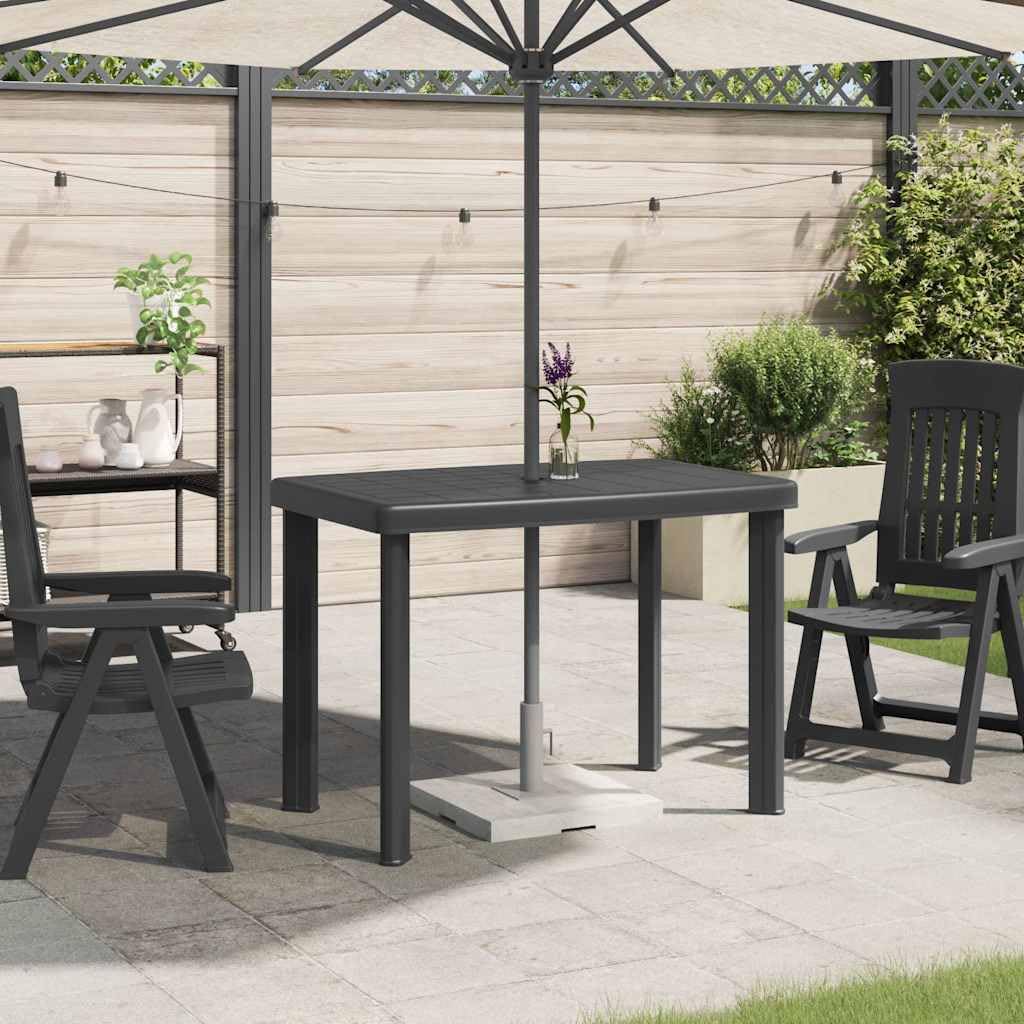 vidaXL Mesa de Jardín 101x68x72 cm, Plástico, Antracita, Resistente a la Intemperie, para Balcón o Jardín, Agujero para Sombrilla 3,6 cm, Mesa Exterior