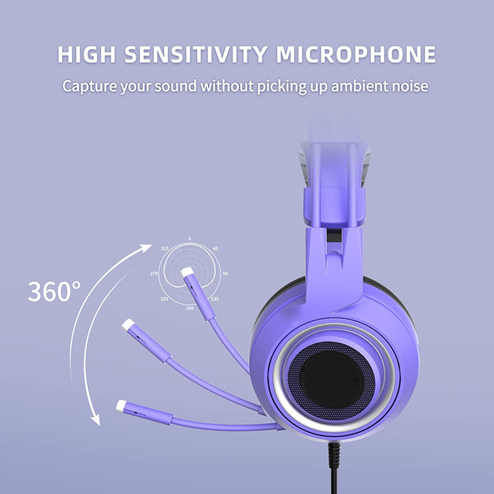 SUNGOOYUE Auriculares Estéreo para Juegos, Bonitos Auriculares con Orejas de Gato de 3,5mm con Micrófono para Niñas, , PC, Altavoces Premium, Uso Cómodo (Violeta)