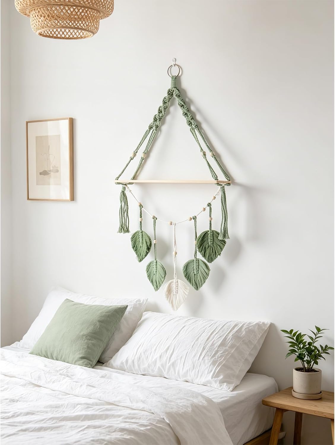 Boho Macrame Wall Hanging Shelf with Green Leaves, Natural Wood Floating Shelf for Wall Decor, Hanging Plant Shelf for Bedroom Living Room Nursery, Display Rack for Books Photos Candles