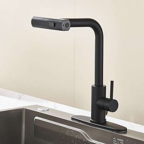 Miniatura 7 de Grifo de cocina con rociador extraíble, grifo de fregadero de cocina de acero inoxidable con un solo orificio con toque de cascada negra, grifos