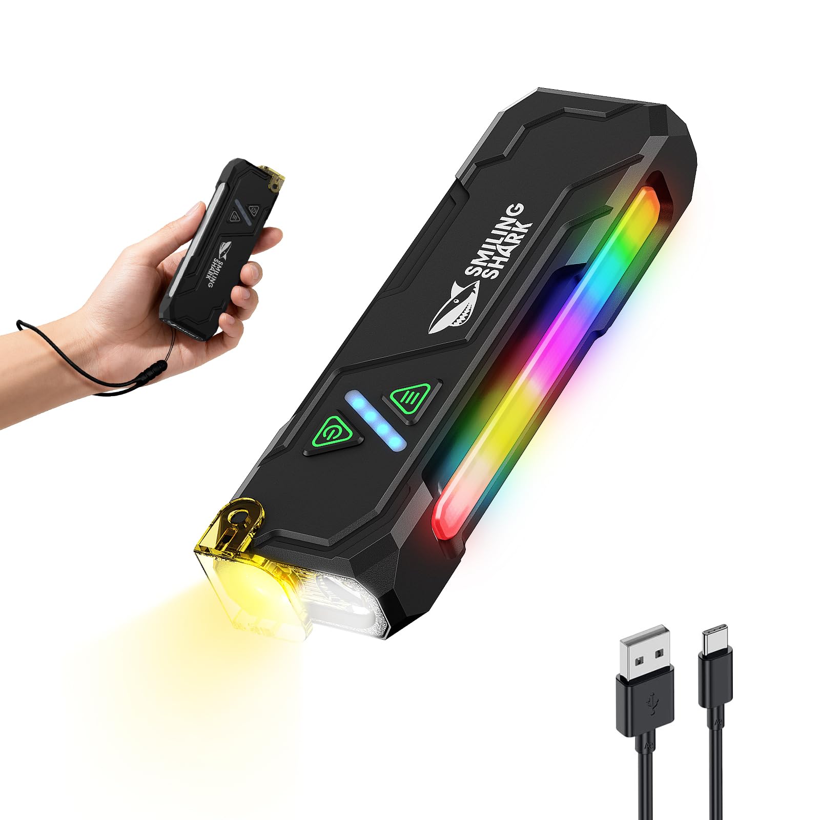 Smiling Shark ML01 Multifunctional Flashlight, Rechargeable LED Torch with Magnetic Base, Main Side Light with RGB Compact Clip Design Long-Lasting USB Charging for Camping Hiking Emergency (Black)