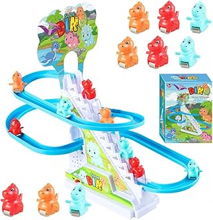 9Pcs Electric Dinosaur Climbing Stairs Toys, Race Track Game with LED Flashing Lights/ Music, Slide Roller Coaster Toys for Kids Boys Girls 3-8 Years Christmas Birthday Gifts