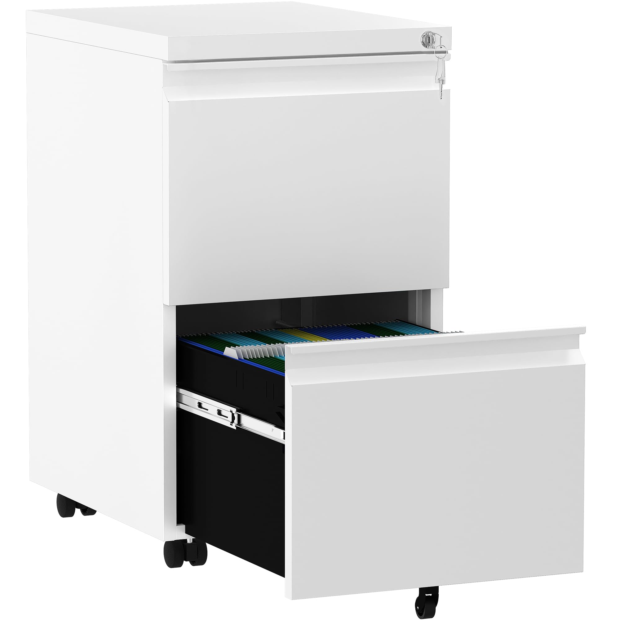 YITAHOME Mobile Filing Cabinet with 2 Lockable Drawers, Anti-tipping Rolling Filing Cabinet with Wheel for Home Office, Under Desk File Storage Cabinets for Letter/Legal/A4 Size, White, 51 x 39 x 71cm