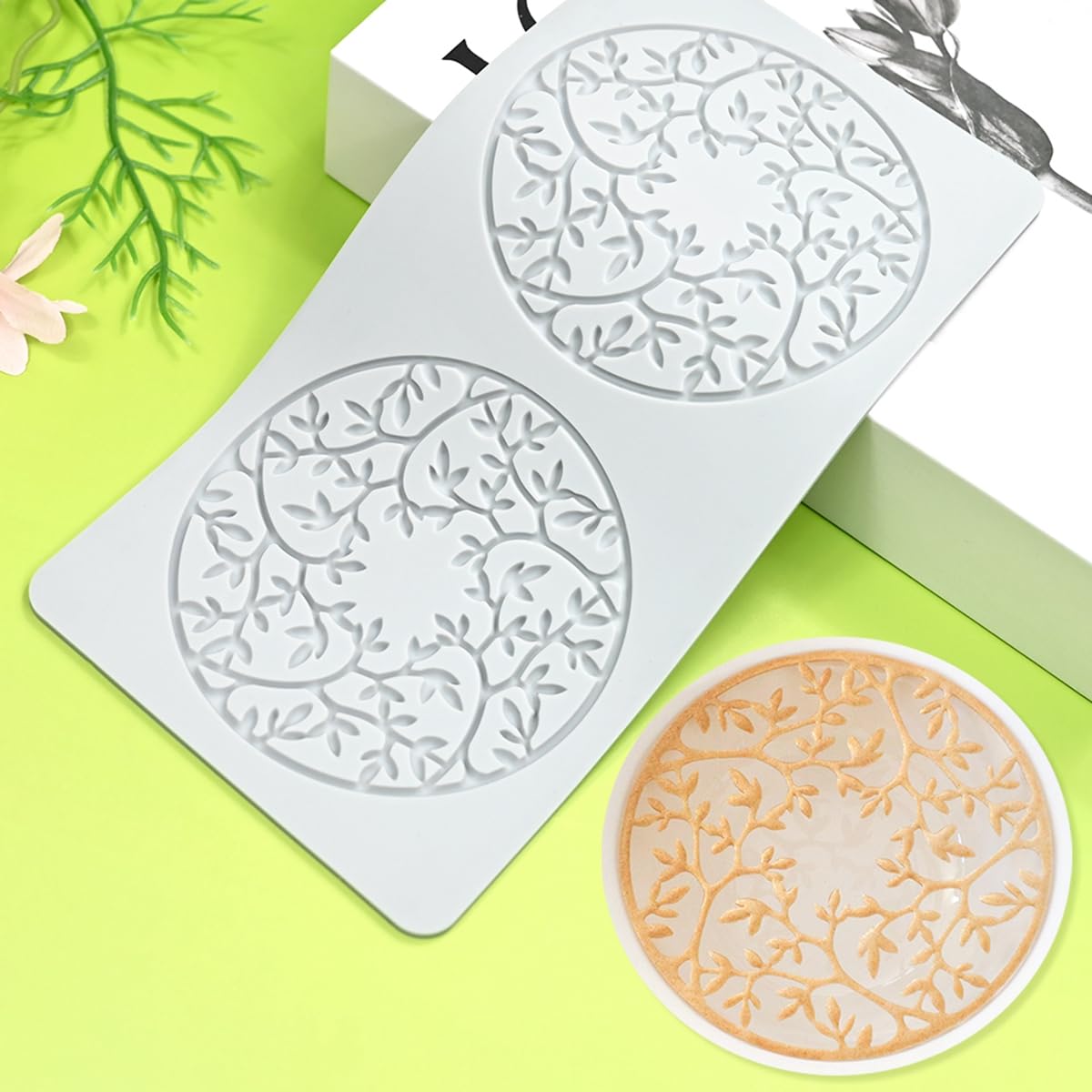 Silicone Mold Hollow Out Sugarcraft Lace Mold Cake Decoration Lace Mat for Fondant Wedding Cake Decorating Baking Molds (C1_ Leaf Circular)