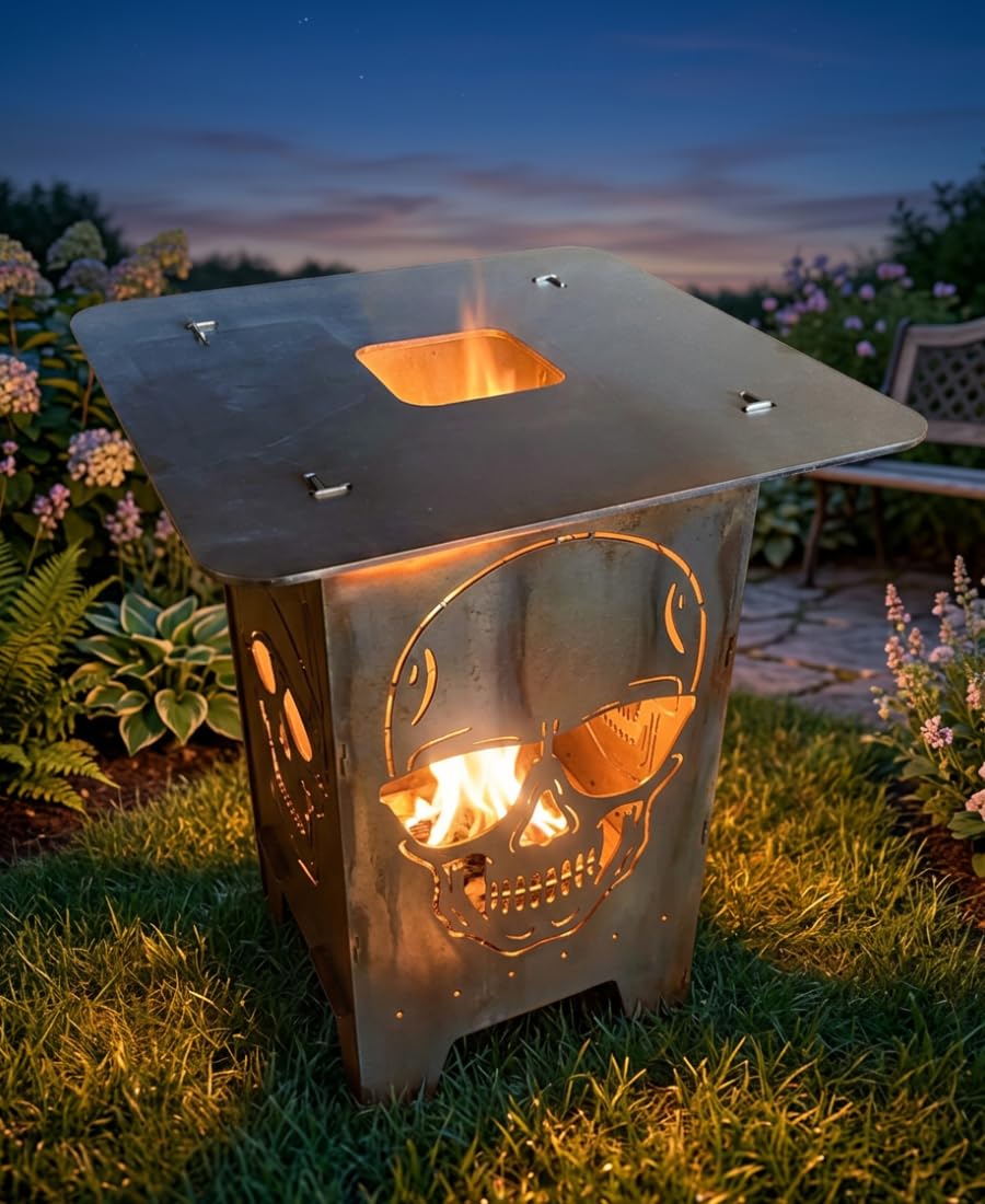 Lehnert Feuertonne Totenkopf Sonnenbrille Cap 74 cm aus 3 mm Stahlblech Feuerkorb Feuerschale Feuerstelle mit 2 Totenkopf Motiven, große Massive und Feuerfeste Feuerstelle für Garten und Terrasse