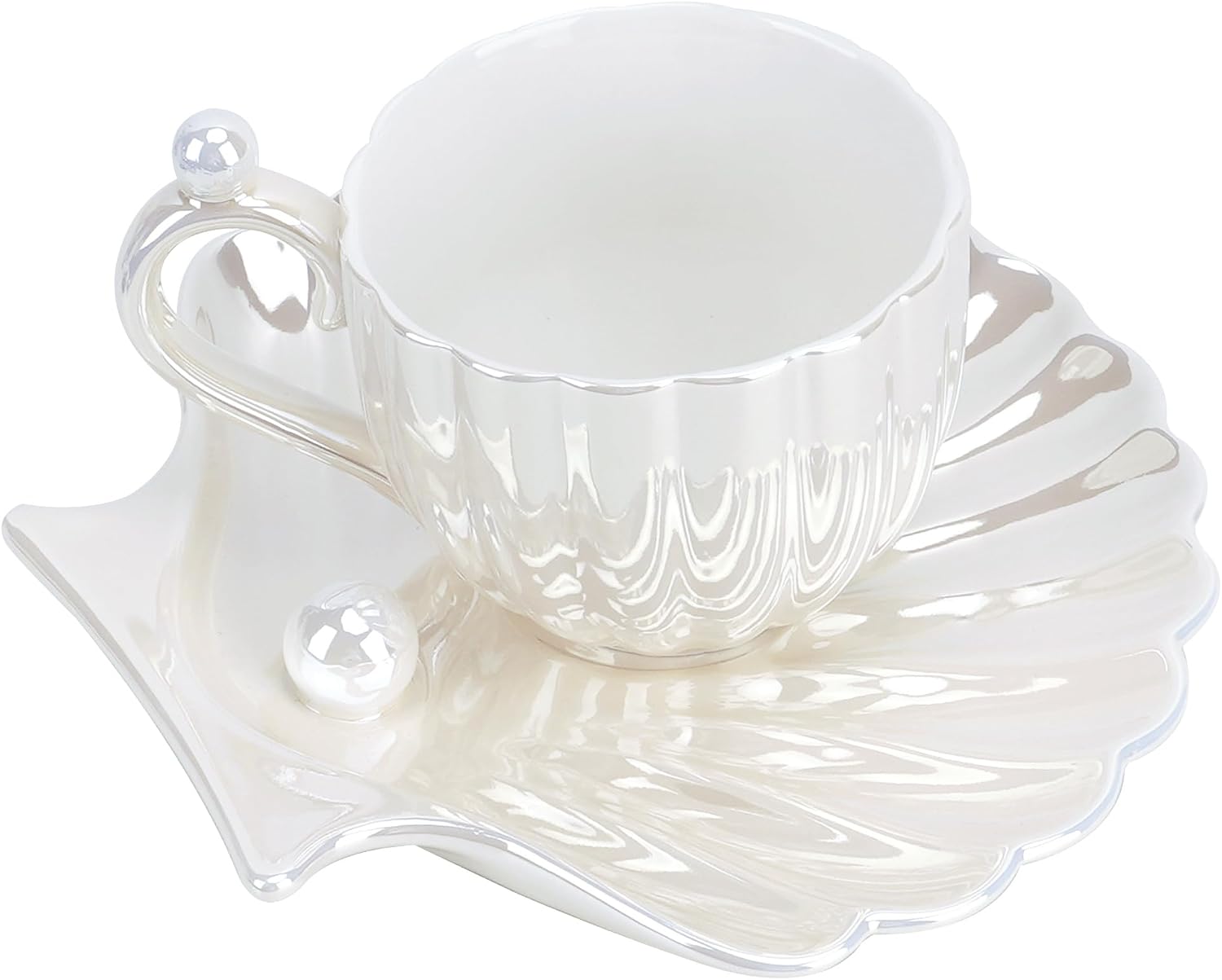 Iridescent Pearl Shell Ceramic Coffee Mug and Saucer Set, 8 oz
