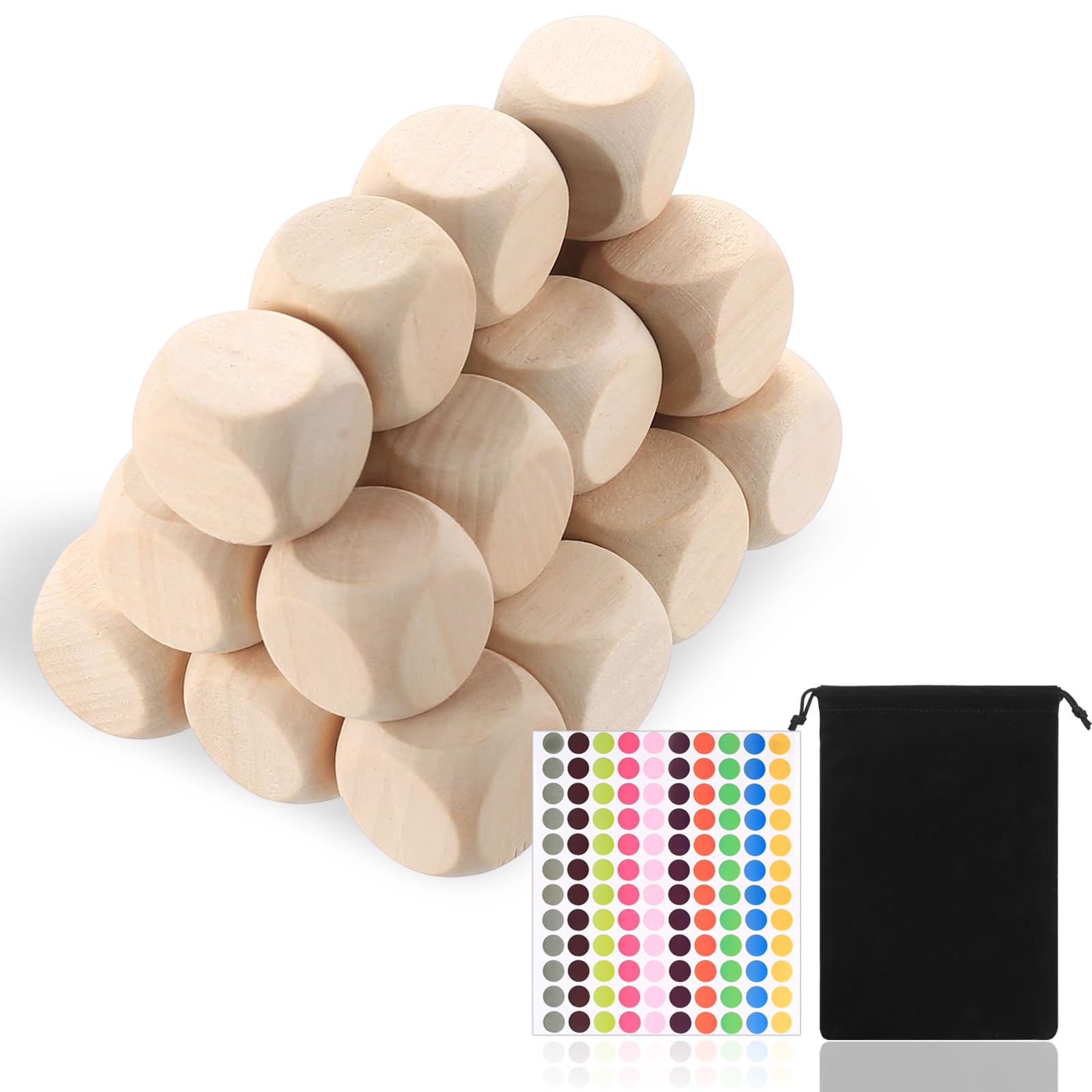 50 Pcs Unpainted Wooden Dices, 20mm Blank Dice, DIY Wood Plain Dices, Wooden Cubes, 6 Sided Blank Wood Dice for DIY Art & Crafts Puzzles Teaching Learning, with Drawstring Bag & Dot Sticker