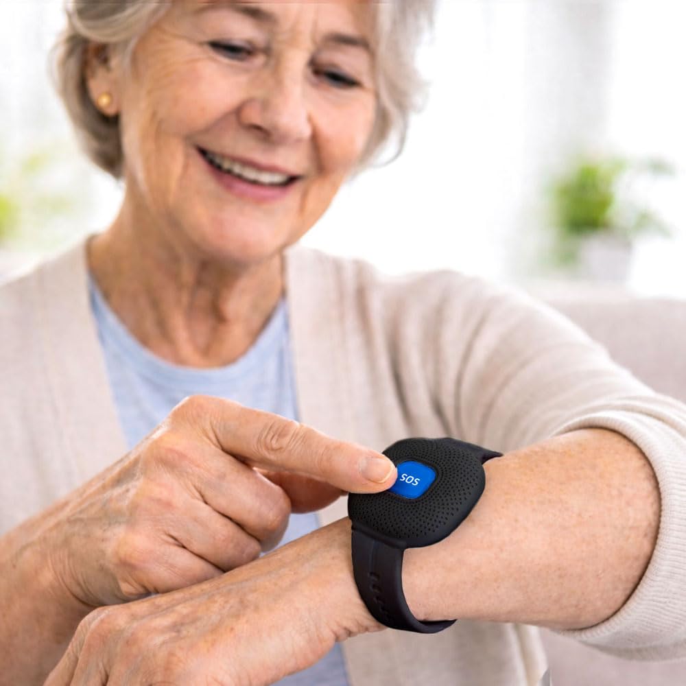 Pulsera SOS para Ancianos, Niños y Mujeres Embarazadas - Alarma Personal, Botón de Llamada de Emergencia Azul, Conectado al Teléfono, Compatible con APP Tuya y Smart Life. (Negro)