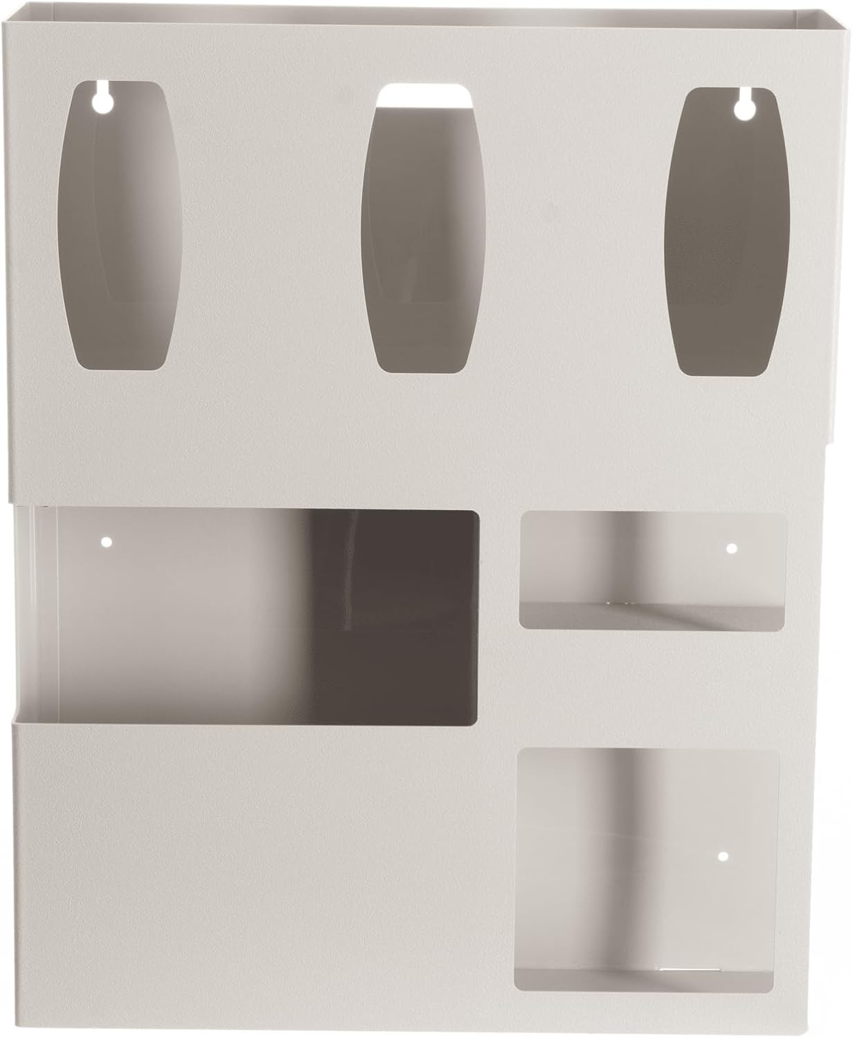 Protective Wear Organizer holds gowns or overalls, 3 gloves, 1 box mask, and 1 box shield. Keyholes for wall mounting or cutout for use with hanger. Quartz Beige ABS Plastic.