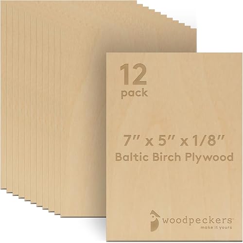 3 mm Baltic Birch Plywood 1/8 x 7 x 5 Inch, Box of 12 B/BB Grade Craft Wood, Stronger Than Basswood Sheets, for Laser, CNC Cutting and Wood Burning, by Woodpeckers