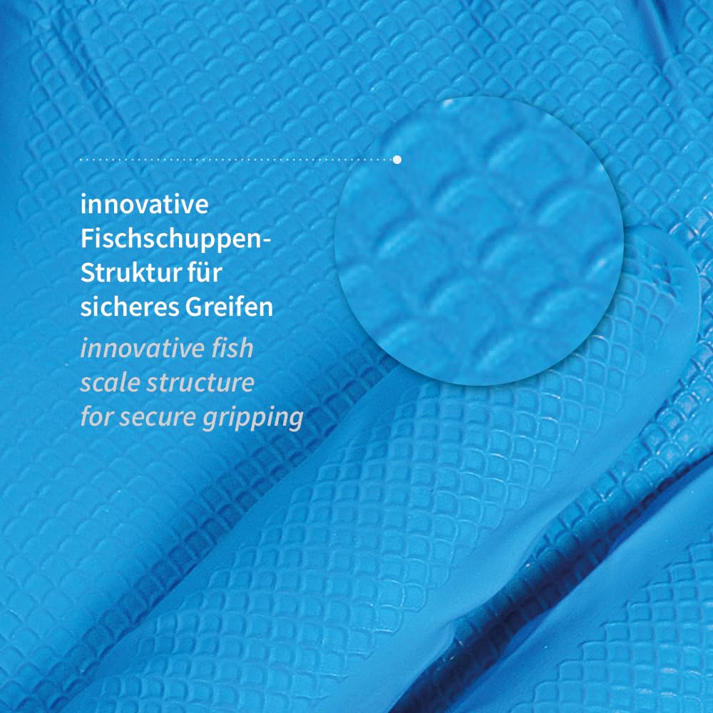 FRANZ MENSCH 100 Stück Nitrilhandschuhe Power Grip Light | puderfrei, Packung, blau, 10/XL, L: 24cm, Schutzhandschuhe, Gastronomiehandschuhe, Industriehandschuhe, Montagehandschuhe