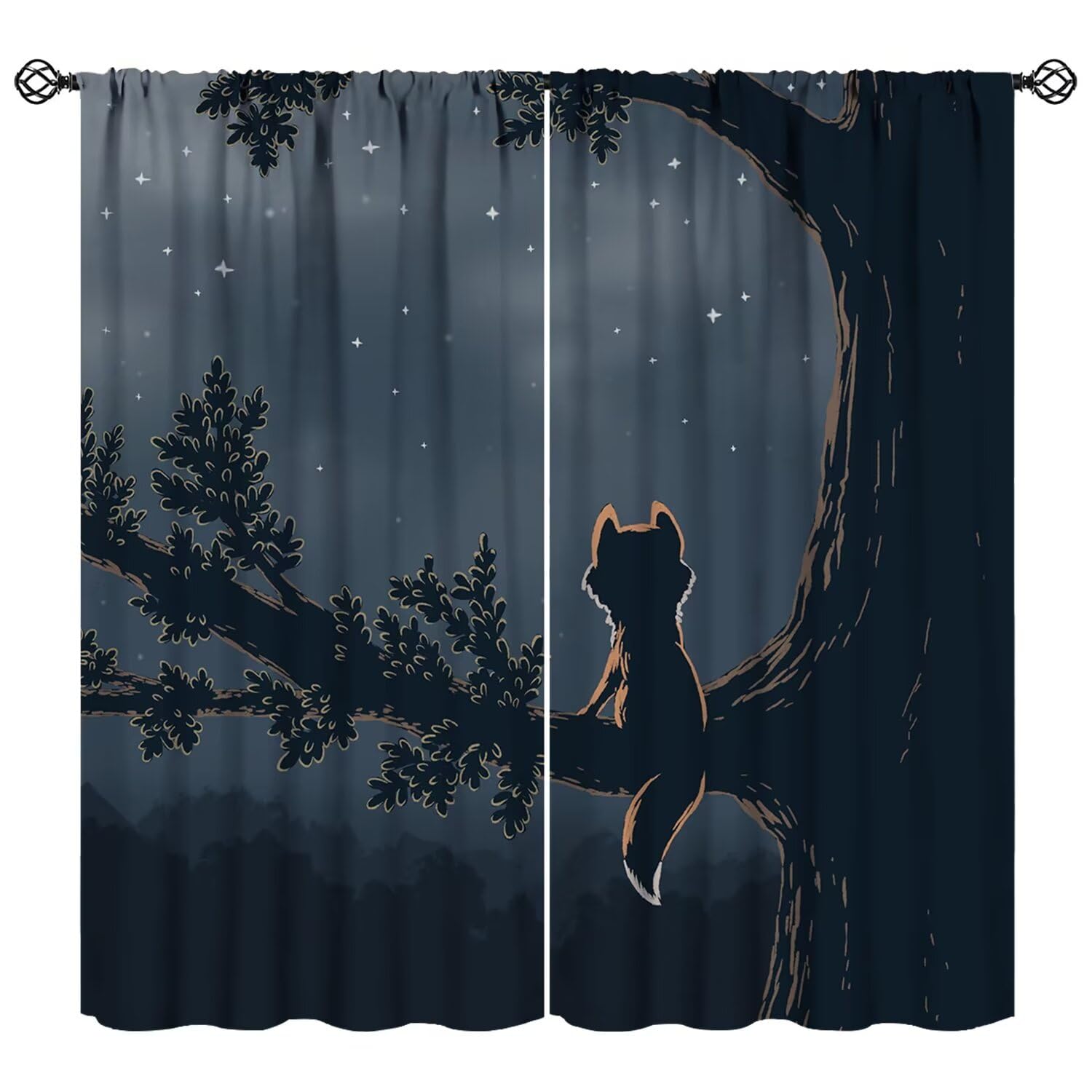 Fox Curtains Wild Animals Fox Tree Branch Night Starry Sky Vintage Black Art Print for Bedroom Living Room Kitchen Decor Rod Pocket Blackout Window