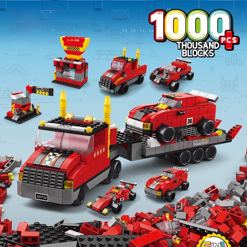 Image of SKY LINE OCEAN 6-in-1 Truck Building Block Set (1000+ Pieces) | STEAM Construction Vehicle Kit for Kids | Build Transport Trucks, Loaders & Heavy Duty Vehicles | 6 Month Structural Warranty