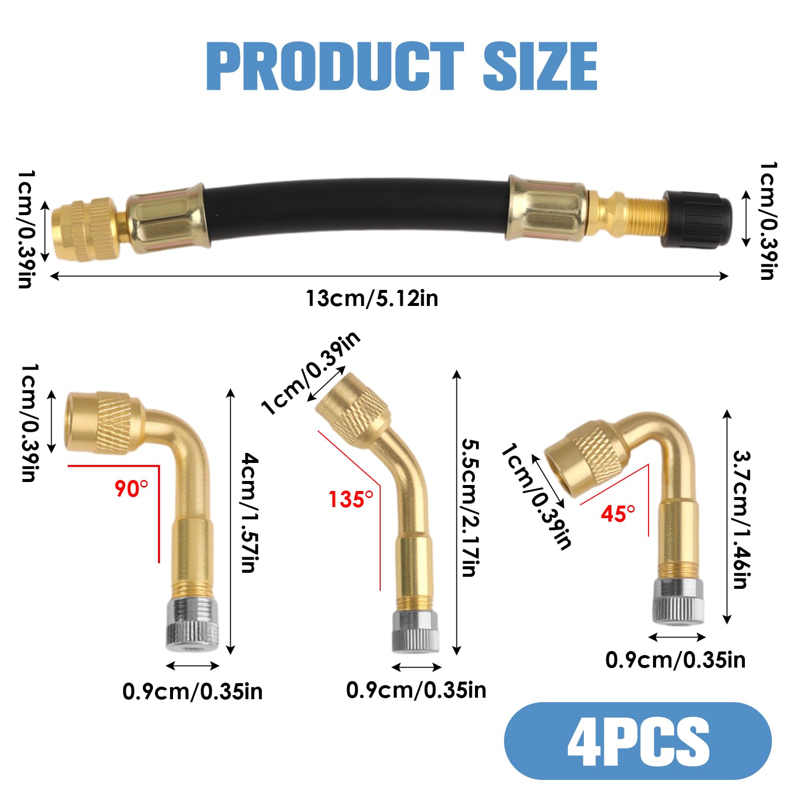Rallonge di Valvola per Pneumatico 1pc, Adattatore in Rame Puro per Auto, Moto e Scooter, Valvola Angolare 45° 90° 135° e Flessibile 125mm per Gonfiaggio Veloce Pneumatici
