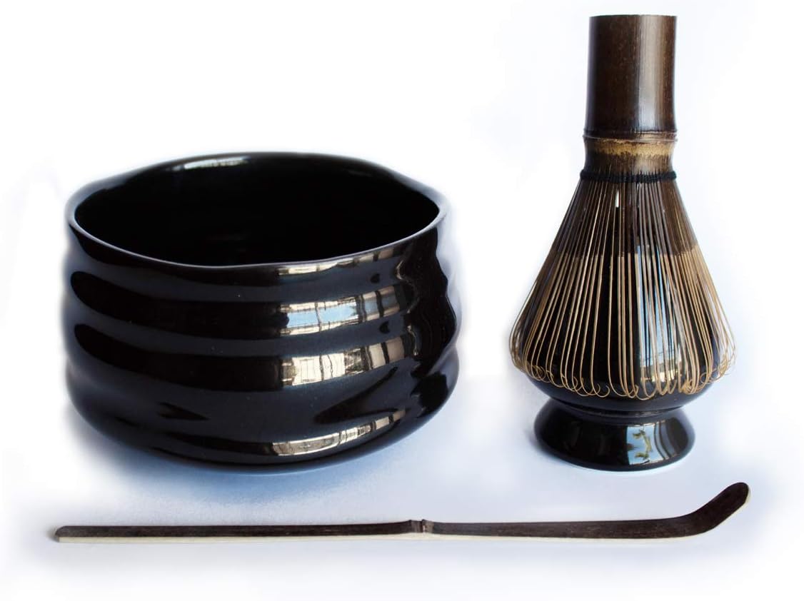 Complete Matcha Tea Ceremony Gift Set - Black Matcha Chawan Bowl, Purple Bamboo Scoop (Chashaku), Purple Bamboo Whisk (100 tate), and Black Whisk Holder