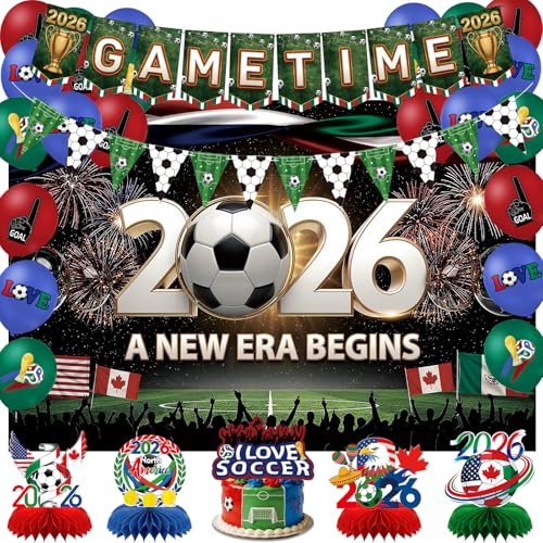 MEIWUTIE 2026 Soccer Party Decorations Kit, World Soccer Watch Party Supplies with 59 x 39.3 in Backdrop, 2 Banners, 18 Balloons, Honeycomb Centerpieces & Cake Topper for Birthday, Game Day