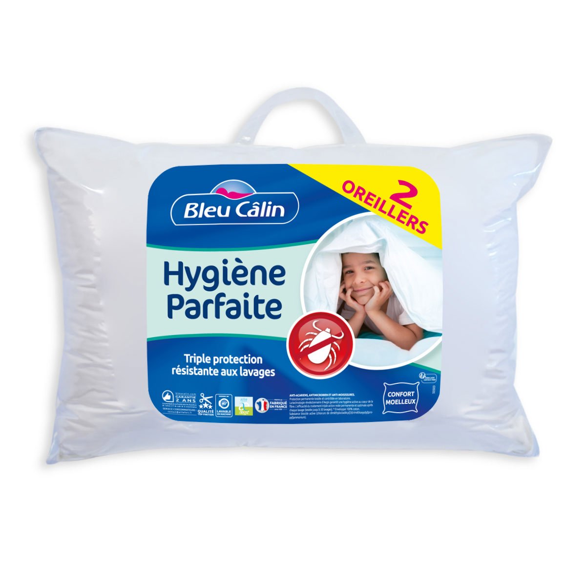Bleu Câlin Lot de 2 Oreillers Rectangulaires Anti-Acariens, Anti bactériens, Confort moelleux, 45x70 cm, Enveloppe 100% coton, gamme Hygiène Parfaite, Blanc
