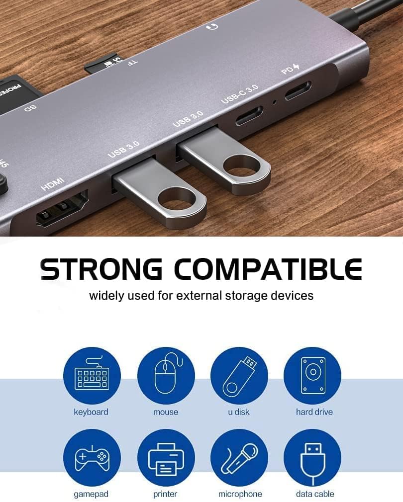 USB C Hub Mulitiport Adapter, 9-in-1 Hub with 1Gbps Ethernet,4K@30Hz HDMI,100W Power Delivery, 2 USB 3.0,SD/TF Card Slots,3.5mm Jack,USB-C3.0 Data, for MacBook Pro/Air iPad Pro M1/M2,Surface,XPS 292I image 5 of 7 B0BXSSD3GV