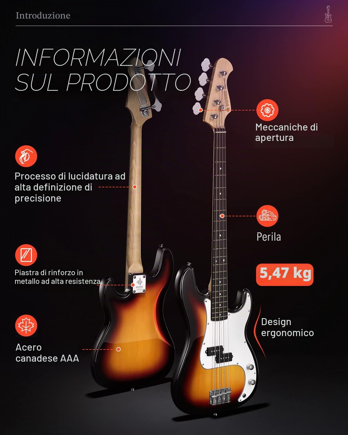 Donner Kit Basso Elettrico 4 corde Sunburst DPB-510S con borsa tracolla cavo
