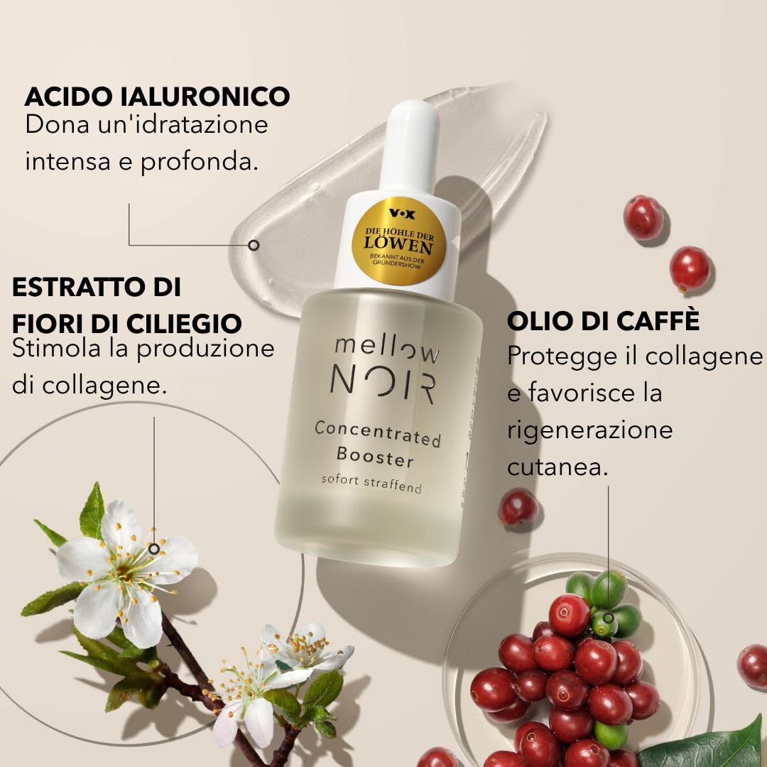 mellow NOIR Concentrated Booster 3x30ml | EFFETTO RASSODANTE IMMEDIATO | Siero viso all'acido ialuronico | Siero contorno occhi | Trattamento occhi e viso | Vegano | Cosmesi naturale certificata