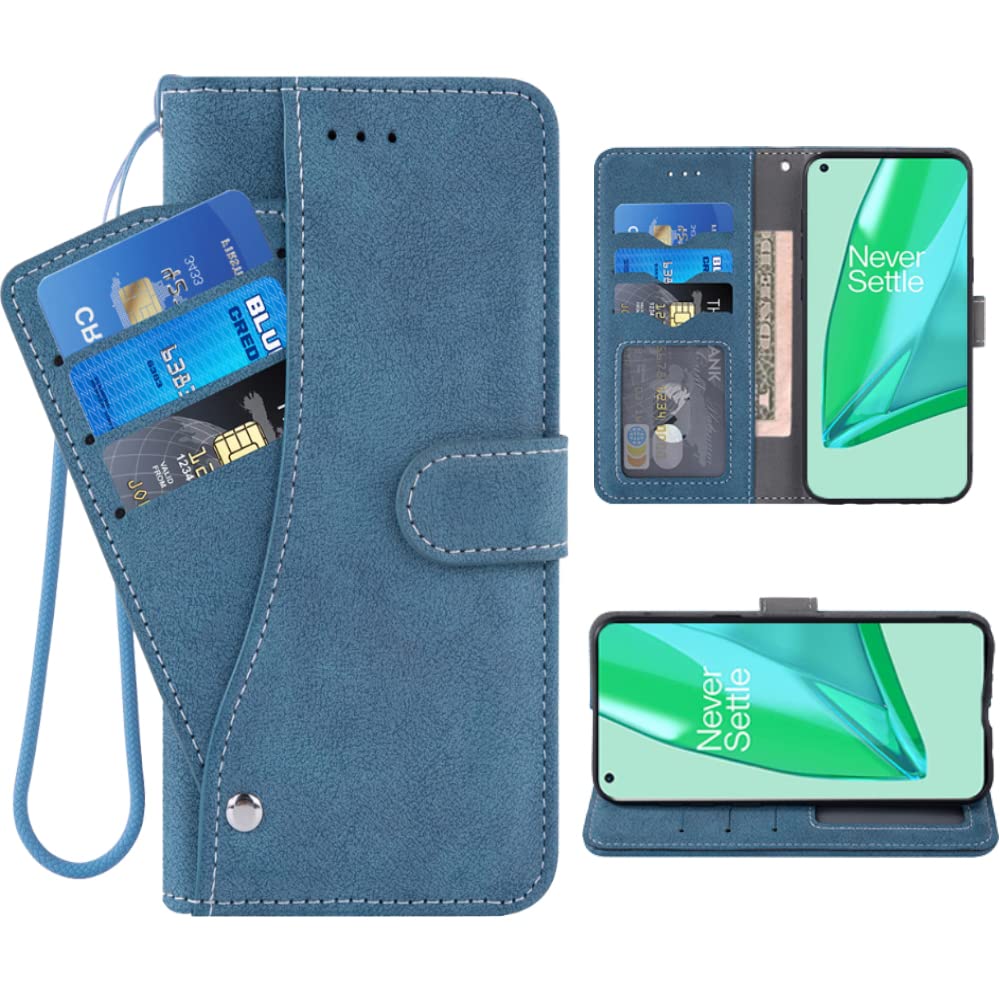 ELISORLI Compatible with OnePlus 9 Pro One Plus 9Pro 5G Wallet Case Wrist Strap Lanyard Leather Flip Card Holder Stand Cell Accessories Phone Cover for On 1Plus 1 + Plus9 1+Pro Nine Women Men-Blue