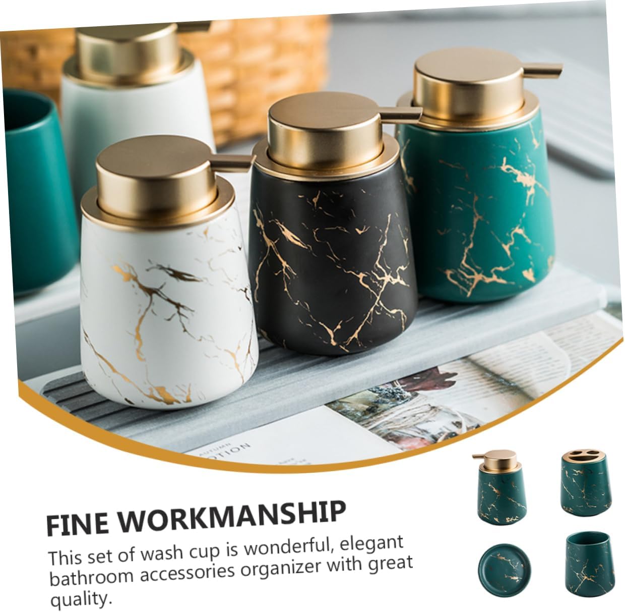 Ciieeo 1set Bathroom Washing Supply Set Dark Green Ceramic Toothbrush Holder Lotion Bottle and Soap Tray Marble Finish Bathroom Accessories for Neat Toothpaste and Brush Storage