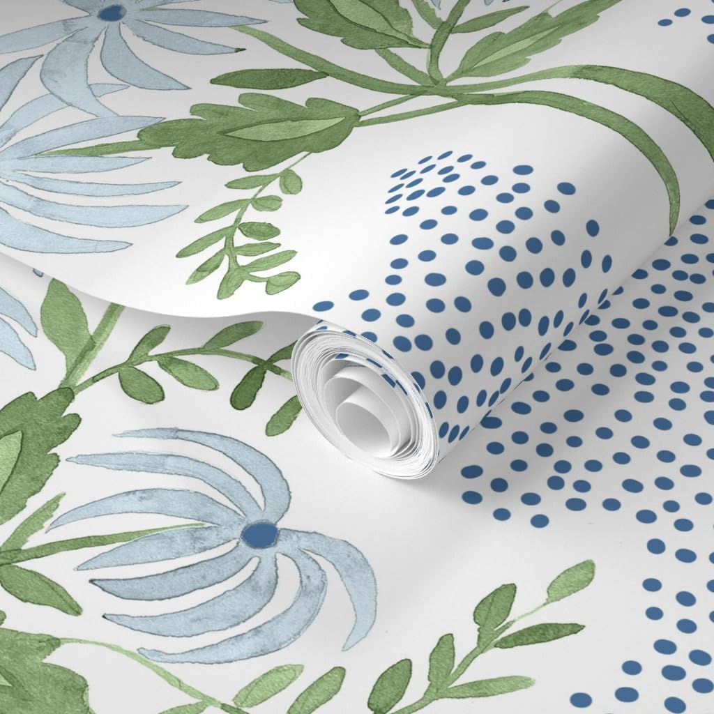 Spoonflower Removable Wallpaper Swatch - Preppy Blue Floral Pastel Botanical Spring Garden Cottagecore Grandmillennial Bouquet Custom Pre-Pasted Wallpaper