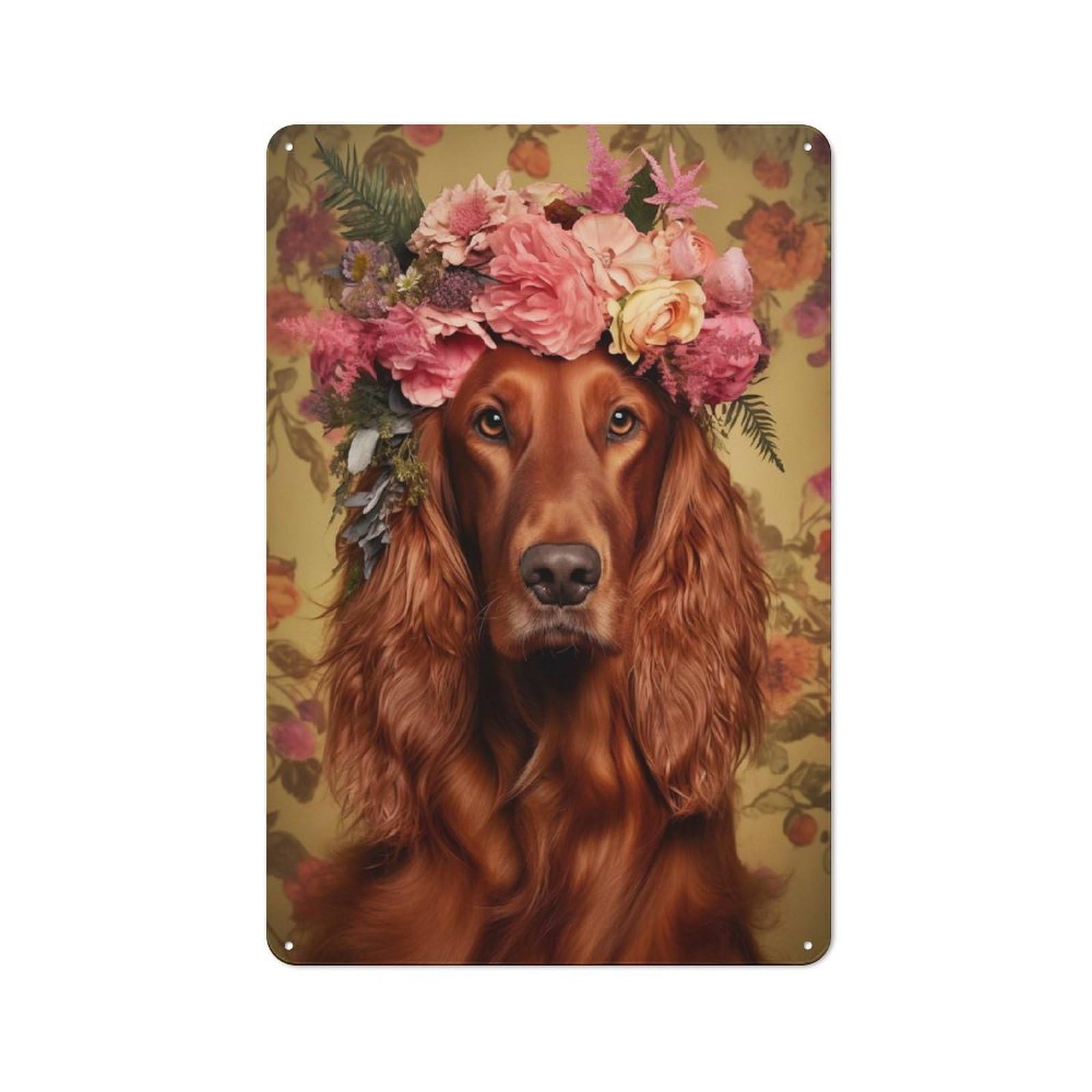 Junmoney Style-11 Tin Wall Plaque 30X20cm With Irish Setter With Flowers For Home Office Or Studio, For Garage, Workshop And Man Cave Decoration