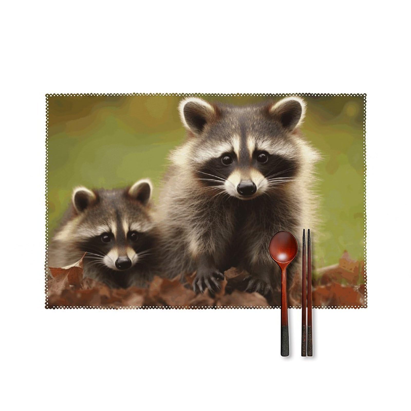 Raccoon Placemats Set of 6, 12x18 Inch Heat Resistant Washable Canvas Table Mats, Stain Resistant Decorative Dining Placemats for Kitchen, Restaurant, Outdoor Party