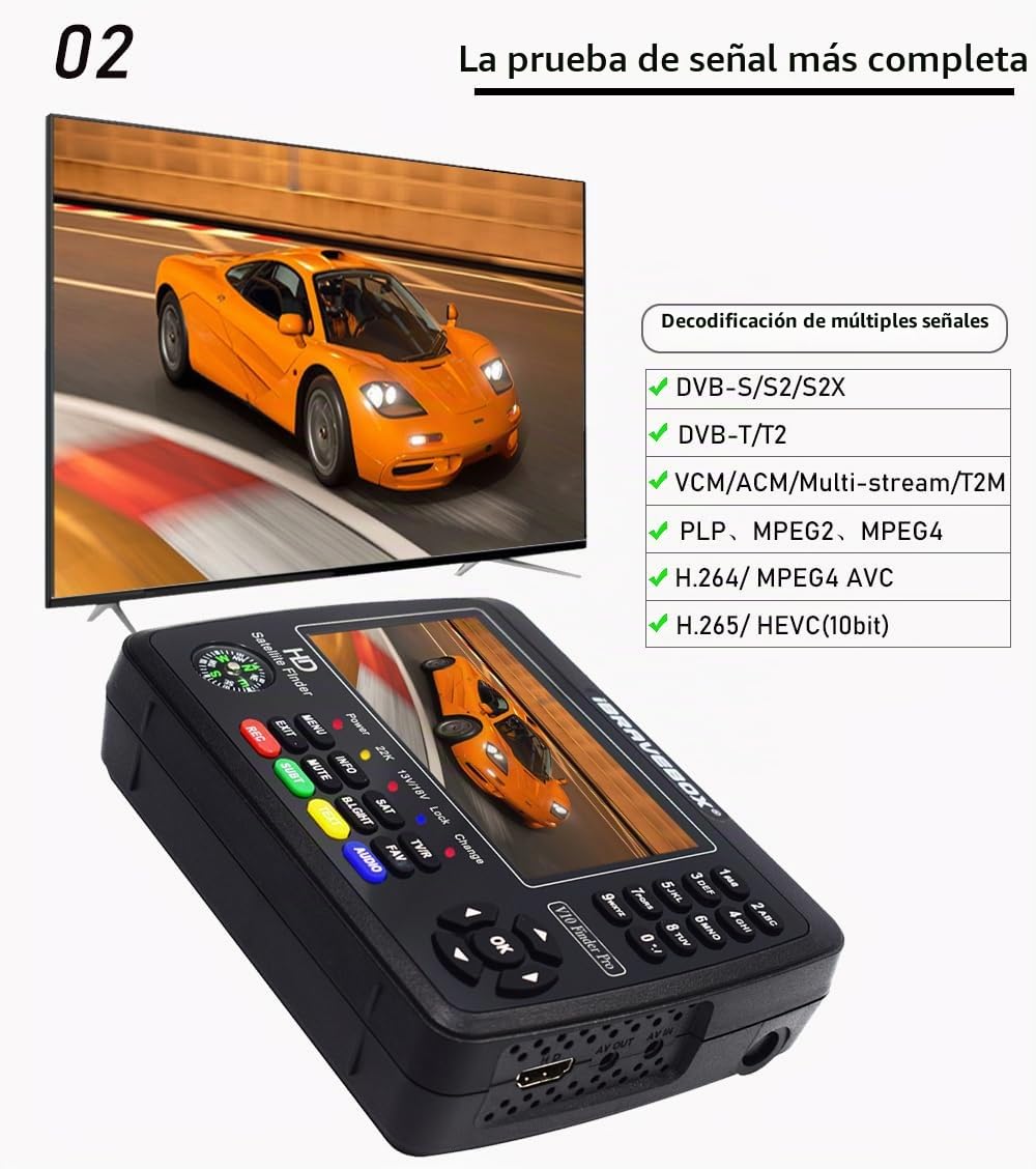 Medidor de Campo TDT, Medidor de TV satelital V10 Finder Pro de 4,3 pulgadas DVB-S/S2/S2X/T/T2/C/H.265+AHD (8 MP) PK ST-5150 V8 Finder Pro 2 V9