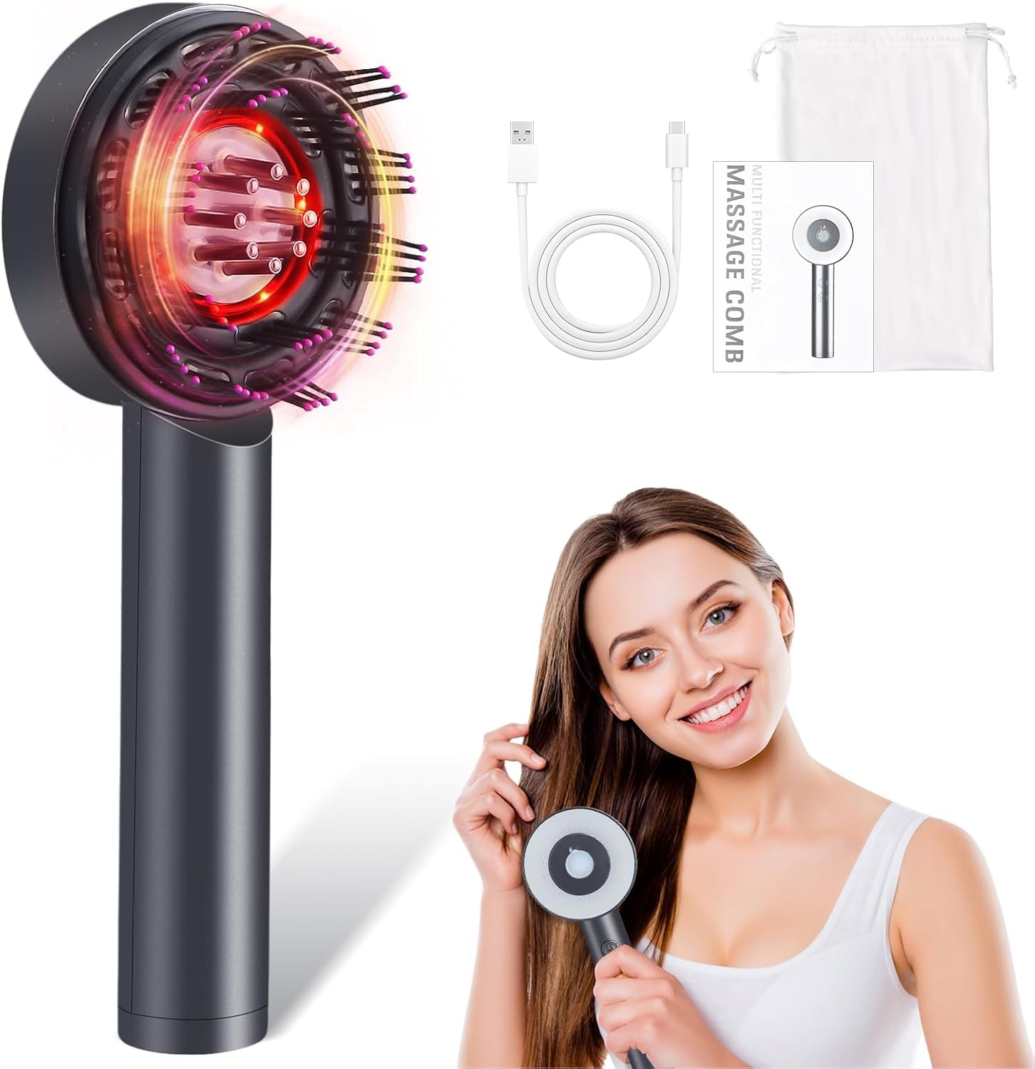 Focenat Cepillo Eléctrico de Masaje del Cuero Cabelludo, Aplicador de Aceite para Cabello 2 En 1, Cepillo Masajeador de Cabello con Luz Roja, Peine de Masaje, para Aliviar Fatiga & Nutrir Cabello