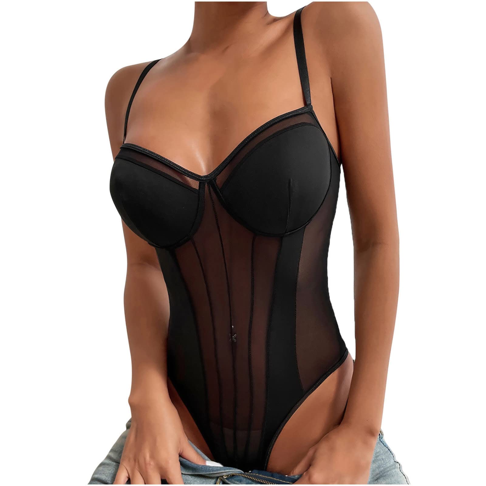 Rkaixuni Women's Black Sexy Bustier Corset Sheer Mesh Sleeveless Floral Lace Spaghetti Strap Tank Cami Slim Fit Bodysuit Tops