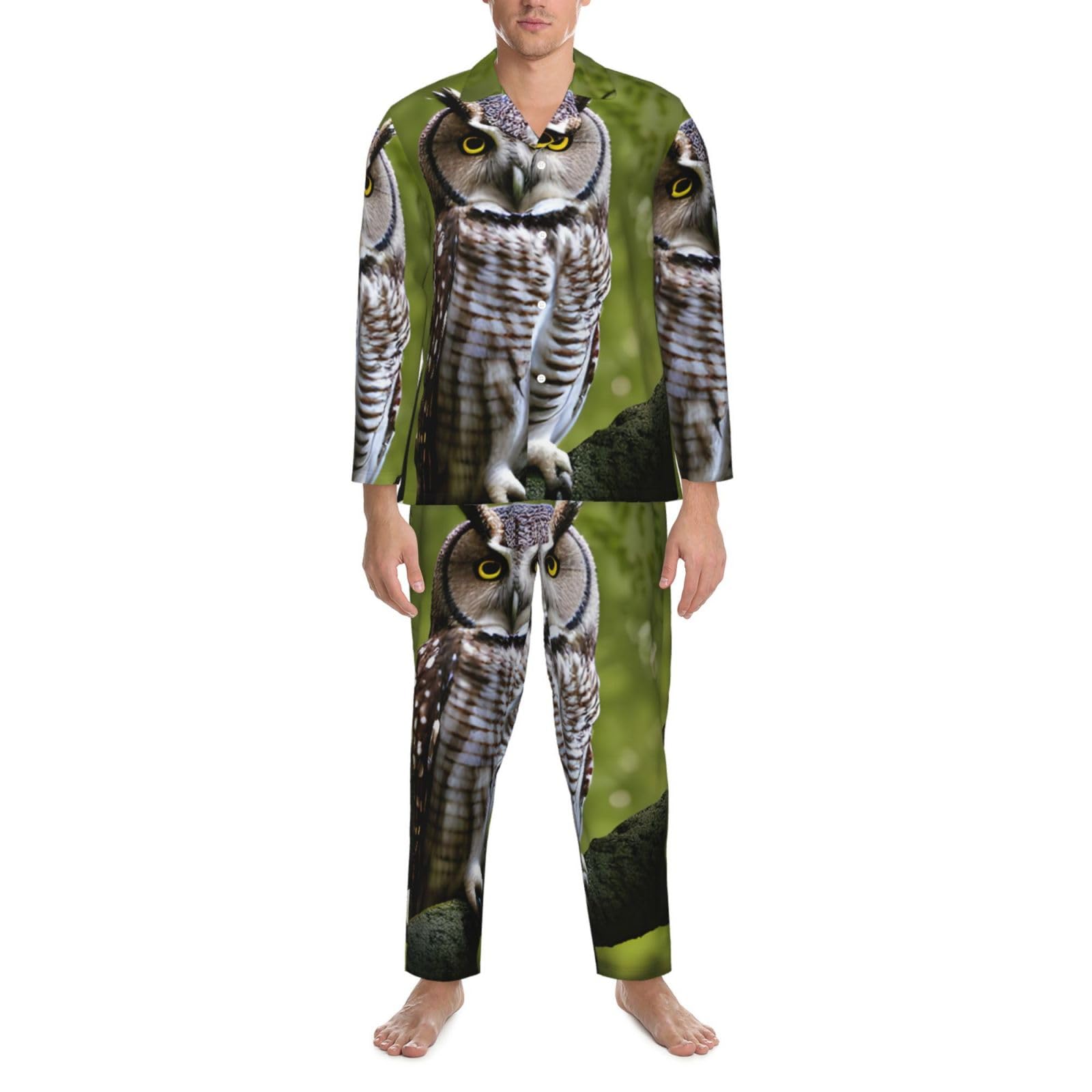 Herren-Pyjama-Set, langärmelig, Eulenmotiv, Hauskleidung, bequeme Nachtwäsche, Nachtwäsche